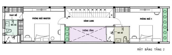 Mặt bằng công năng tầng 2 trong bản vẽ thiết kế nhà ống 3 tầng hiện đại